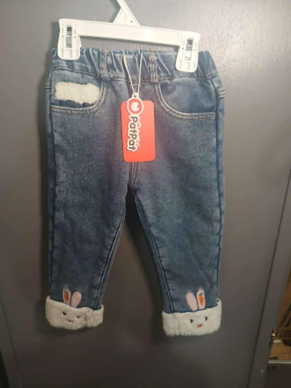 PatPat Baby Girls Bunny Jeans Faux Fur Cuff Fleece Lined Denim Pants NWT 2Y 2T